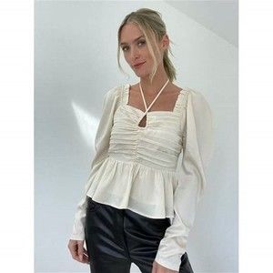 🟣 SALE NWT Six Fifty The Ruby Blouse Ivory Peplum Long Sleeve Size Small